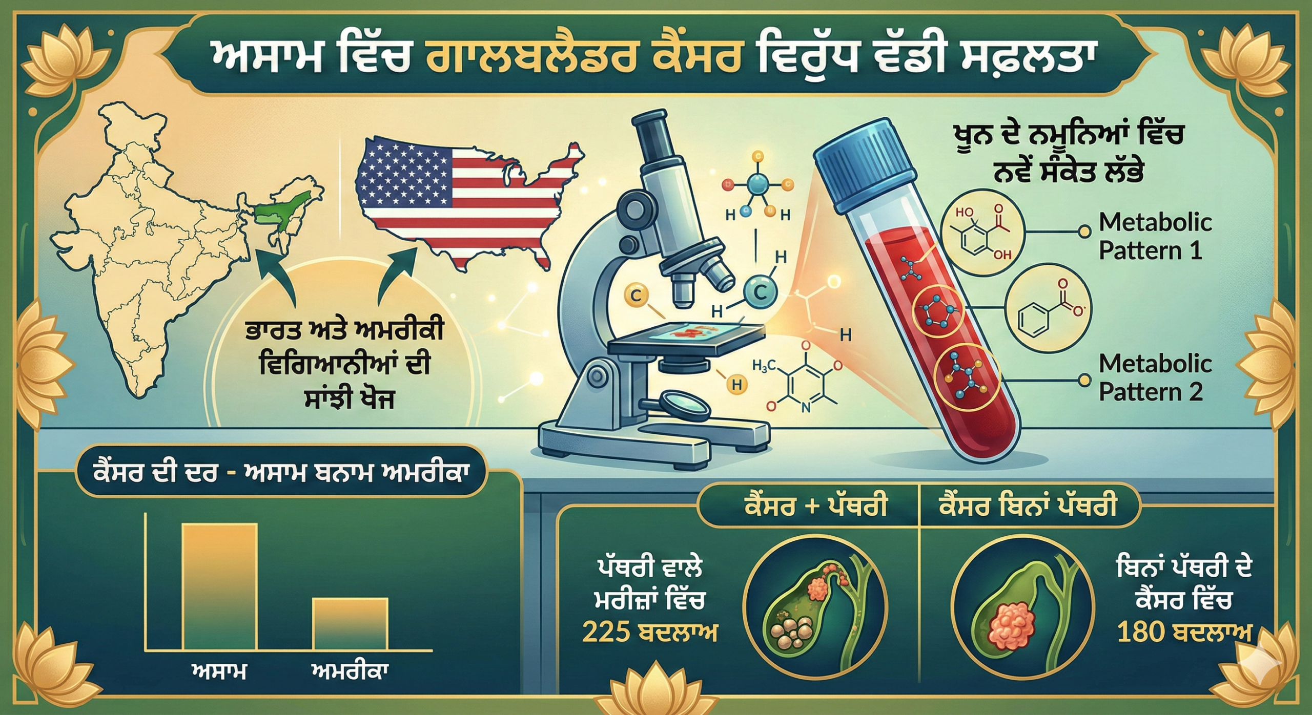 Gallbladder cancer, metabolic markers, Assam, Tezpur University, Indo-US research, early detection, blood test, gallbladder stones, cancer research. ਭਾਰਤ ਅਤੇ ਅਮਰੀਕੀ ਵਿਗਿਆਨੀਆਂ ਨੇ ਅਸਾਮ ਵਿੱਚ ਗਾਲਬਲੈਡਰ ਕੈਂਸਰ ਦੀ ਜਲਦੀ ਪਛਾਣ ਲਈ ਖੂਨ ਵਿੱਚ ਨਵੇਂ ਮੈਟਾਬੋਲਿਕ ਸੰਕੇਤ ਲੱਭੇ ਹਨ। ਇੱਕ ਵੱਡੀ ਖੋਜ!